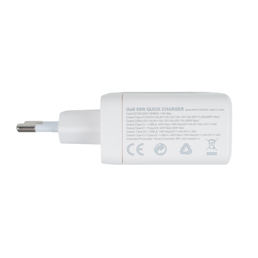 ALIMENTATOR retea SPACER, GaN, 2 x USB Type-C PD (max 65W), 1 x USB (max 60W) "SPAR-TRIOQ-04"