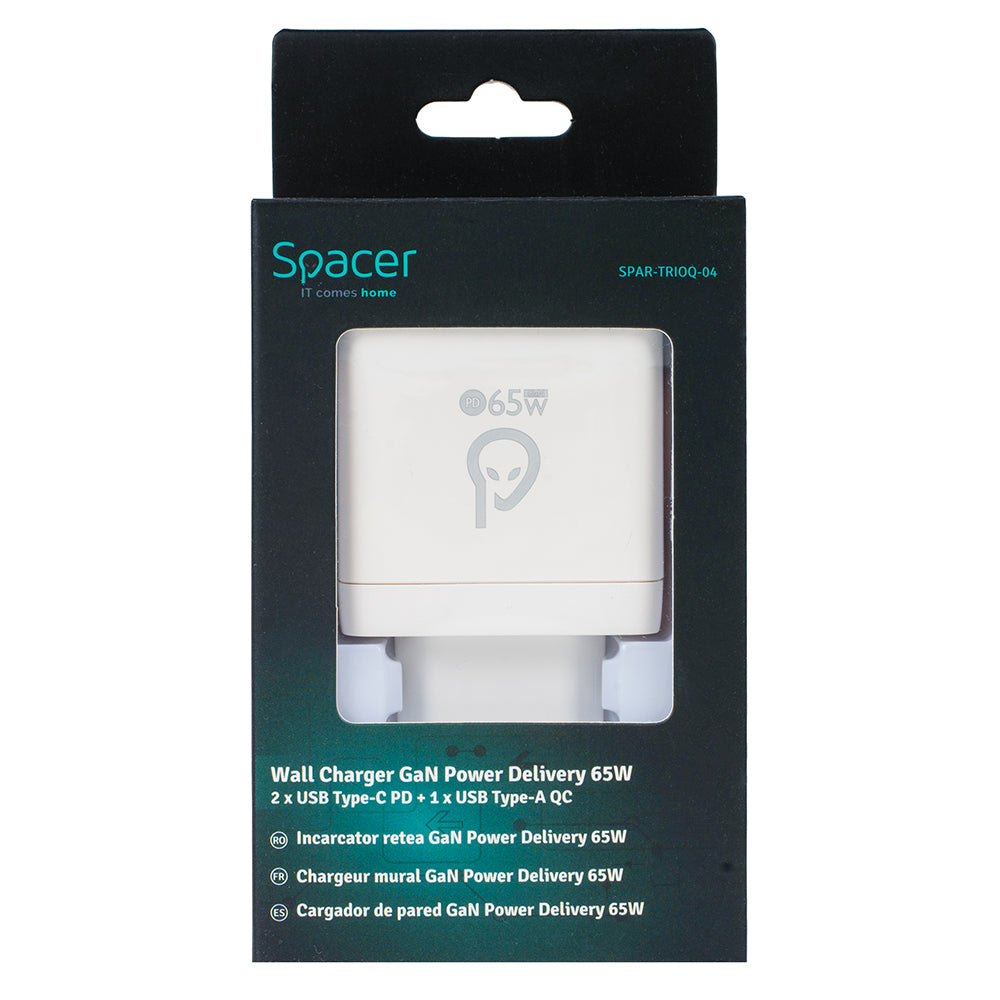 ALIMENTATOR retea SPACER, GaN, 2 x USB Type-C PD (max 65W), 1 x USB (max 60W) "SPAR-TRIOQ-04"