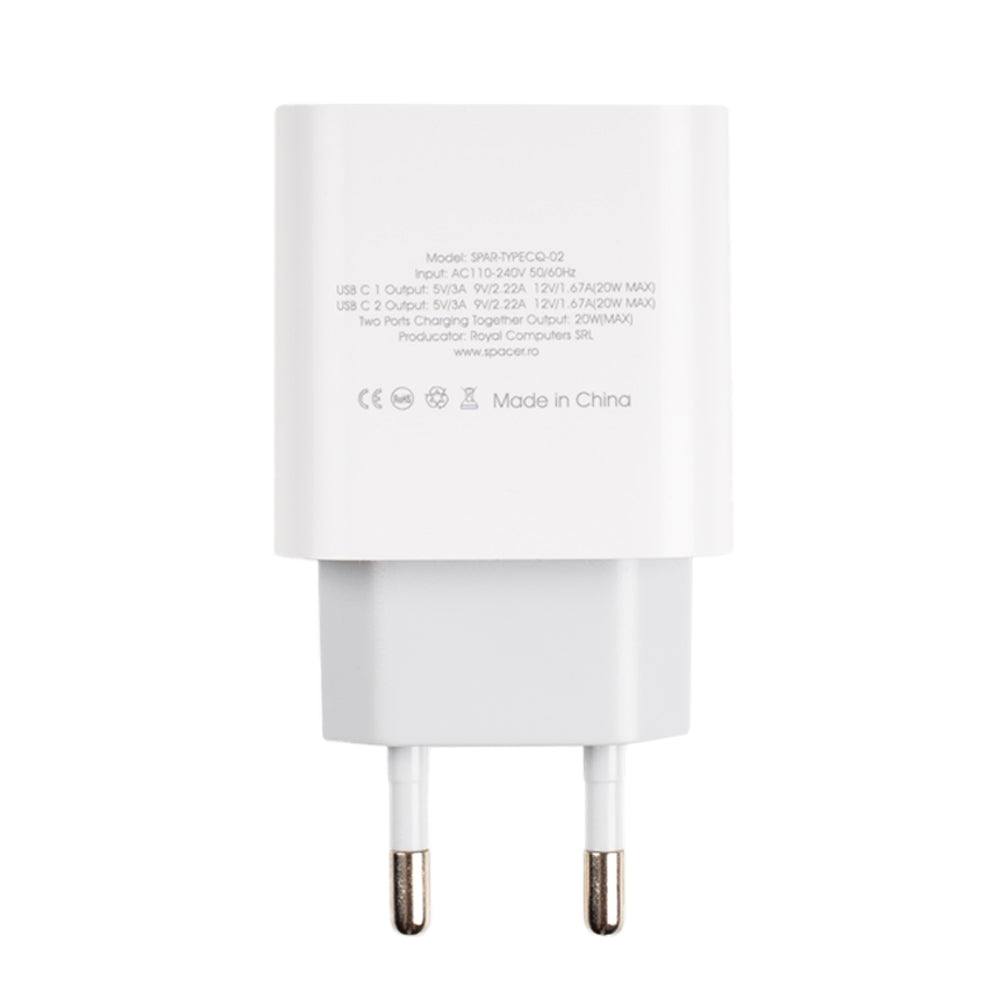 ALIMENTATOR retea SPACER Power Delivery, 2 x USB Type-C PD (max 20W) "SPAR-TYPECQ-02"