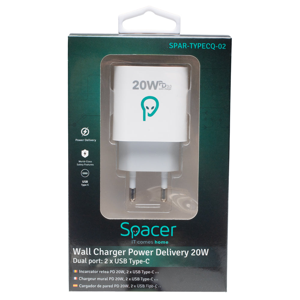 ALIMENTATOR retea SPACER Power Delivery, 2 x USB Type-C PD (max 20W) "SPAR-TYPECQ-02"
