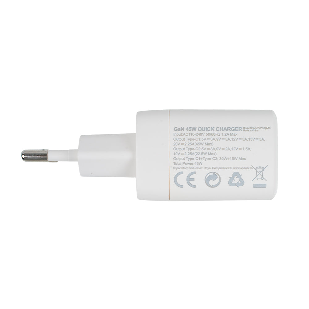 ALIMENTATOR retea SPACER Power Delivery, GaN, 2 x USB Type-C PD (max 45W) "SPAR-TYPECQ-03"