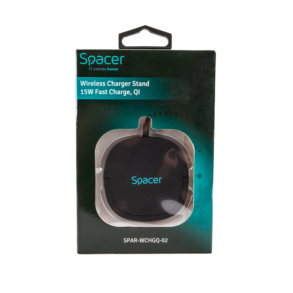 ALIMENTATOR wireless SPACER, Quick Charge 15W Qi, conector Type-C, rol de stand prin prindere magnetica, negru "SPAR-WCHGQ-02"
