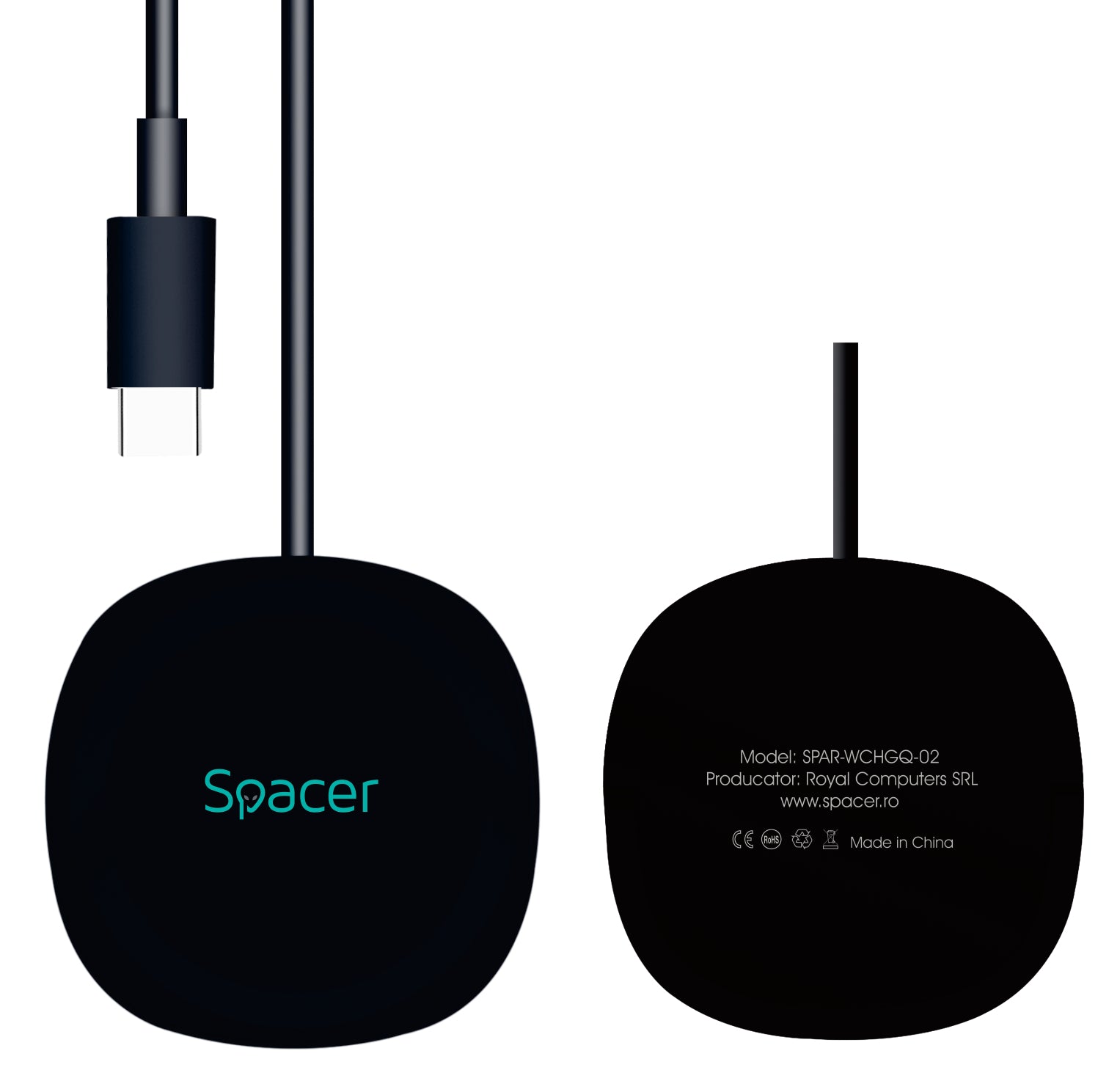 ALIMENTATOR wireless SPACER, Quick Charge 15W Qi, conector Type-C, rol de stand prin prindere magnetica, negru "SPAR-WCHGQ-02"