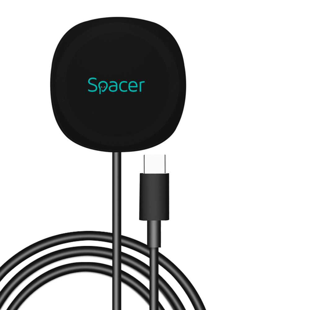 ALIMENTATOR wireless SPACER, Quick Charge 15W Qi, conector Type-C, rol de stand prin prindere magnetica, negru "SPAR-WCHGQ-02"