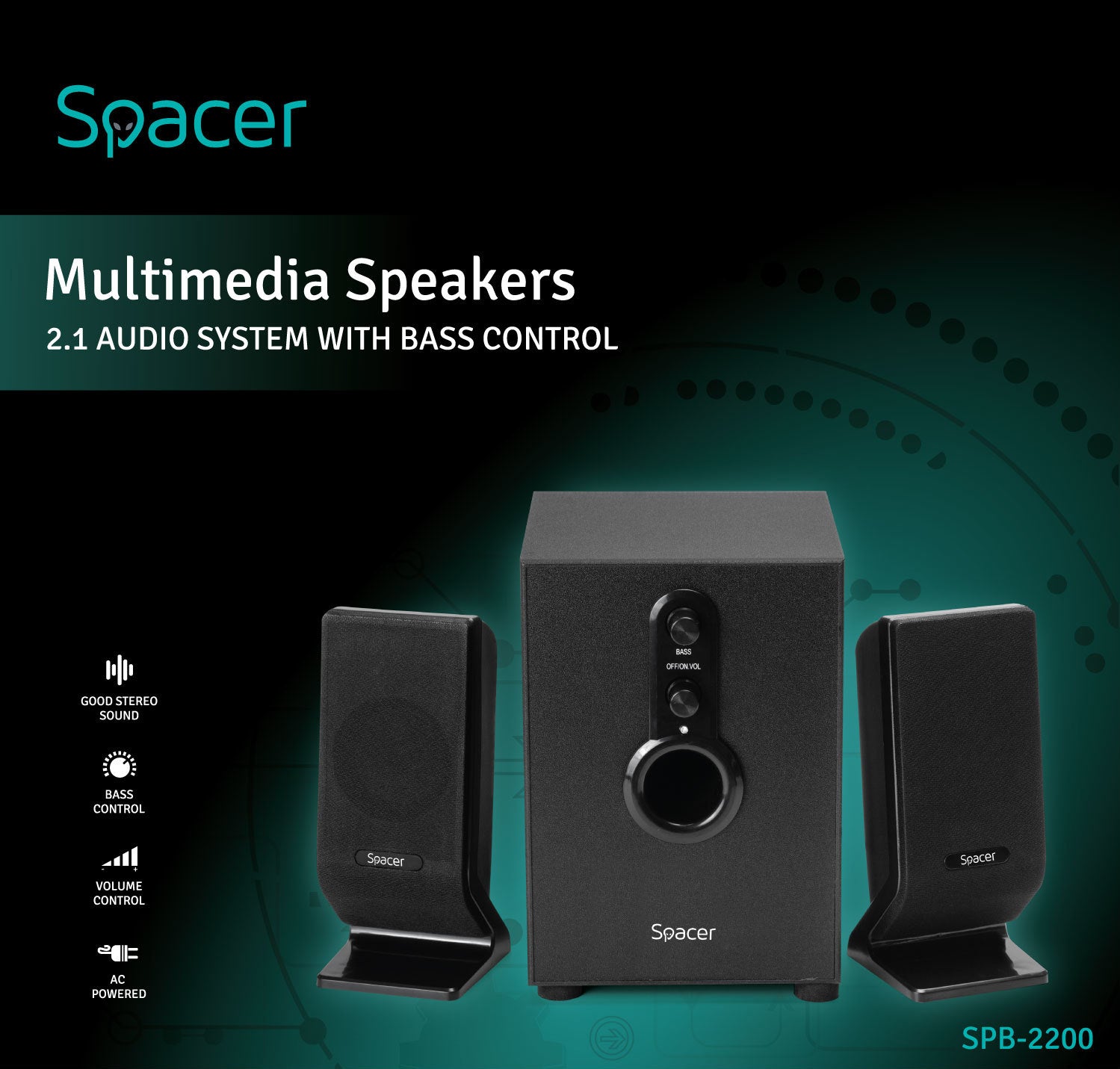 BOXE SPACER 2.1, RMS: 11W (2 x 3W + 5W), control volum, bass, 220V alimentare, black, "SPB-2200" 261900