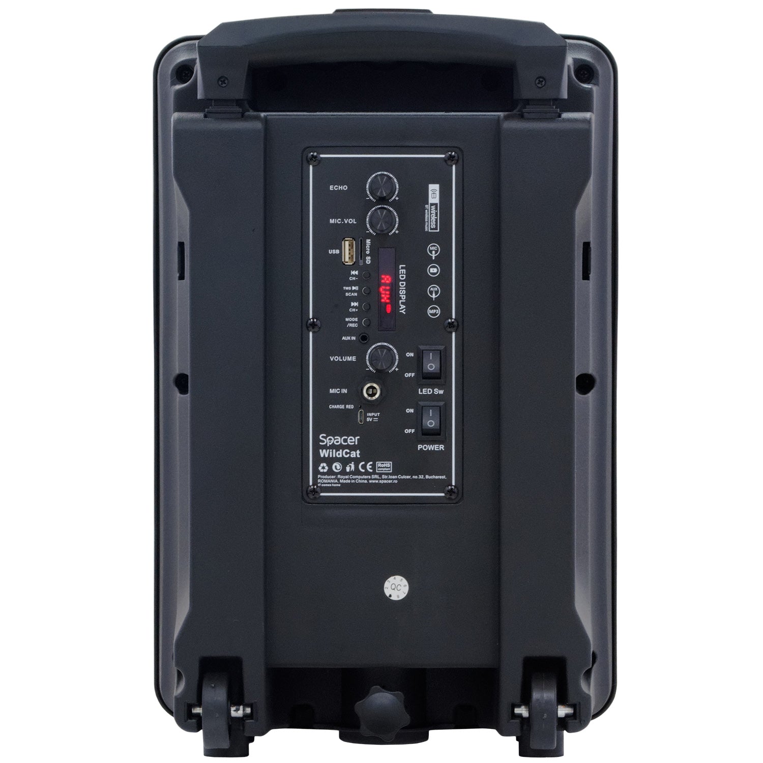 BOXA SPACER portabila bluetooth WildCat, tip troler, RMS: 35W, 8" woofer, acumulator 3.7V 1800 mAh, input : AUX audio, USB/microSD, remote control, wireless microphone, black, "SPBO-WildCat" (include TV 10lei)