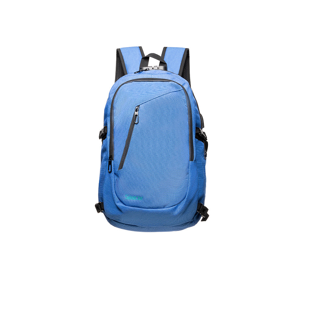 RUCSAC SPACER, pt. notebook de max. 15.6", 2 compartimente, buzunar frontal, buzunar lateral x 2, blocare fermoar, USB 2.0 (M)(pt. acces la Power Bank), Jack 3.5 mm (pt. acces la casti), waterproof, poliester, albastru, "Duke", "SPBP-DUKE-BL"