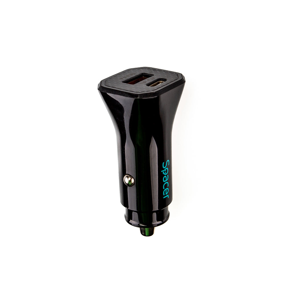 ALIMENTATOR auto SPACER Fast Charge 12W, 5V/2.4A max, putere 12W, 1 x USB + 1 x USB Type-C, pt. bricheta auto, black, "SPCC-DUO-03"