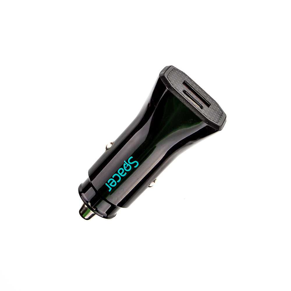 ALIMENTATOR auto SPACER Fast Charge 12W, 5V/2.4A max, putere 12W, 1 x USB + 1 x USB Type-C, pt. bricheta auto, black, "SPCC-DUO-03"