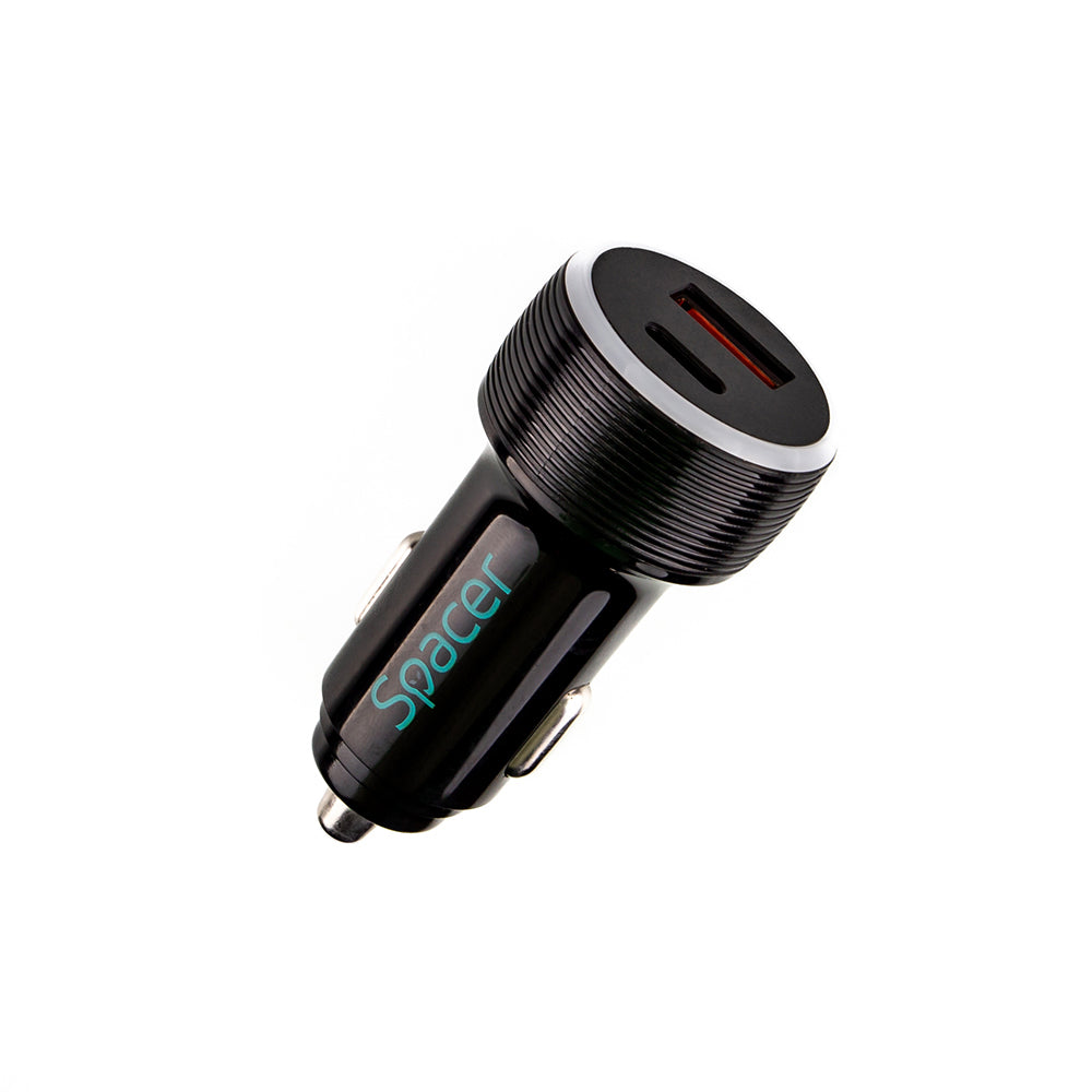 ALIMENTATOR auto SPACER Quick Charge 17W 3.1A max, putere totala 17W, LED ambiental, 1 x USB + 1 x USB Type-C, pt. bricheta auto, black, "SPCC-DUOQ-01"
