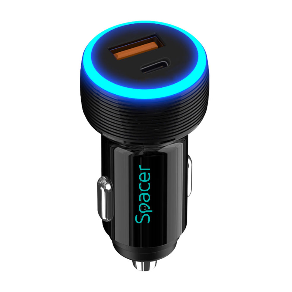 ALIMENTATOR auto SPACER Quick Charge 17W 3.1A max, putere totala 17W, LED ambiental, 1 x USB + 1 x USB Type-C, pt. bricheta auto, black, "SPCC-DUOQ-01"