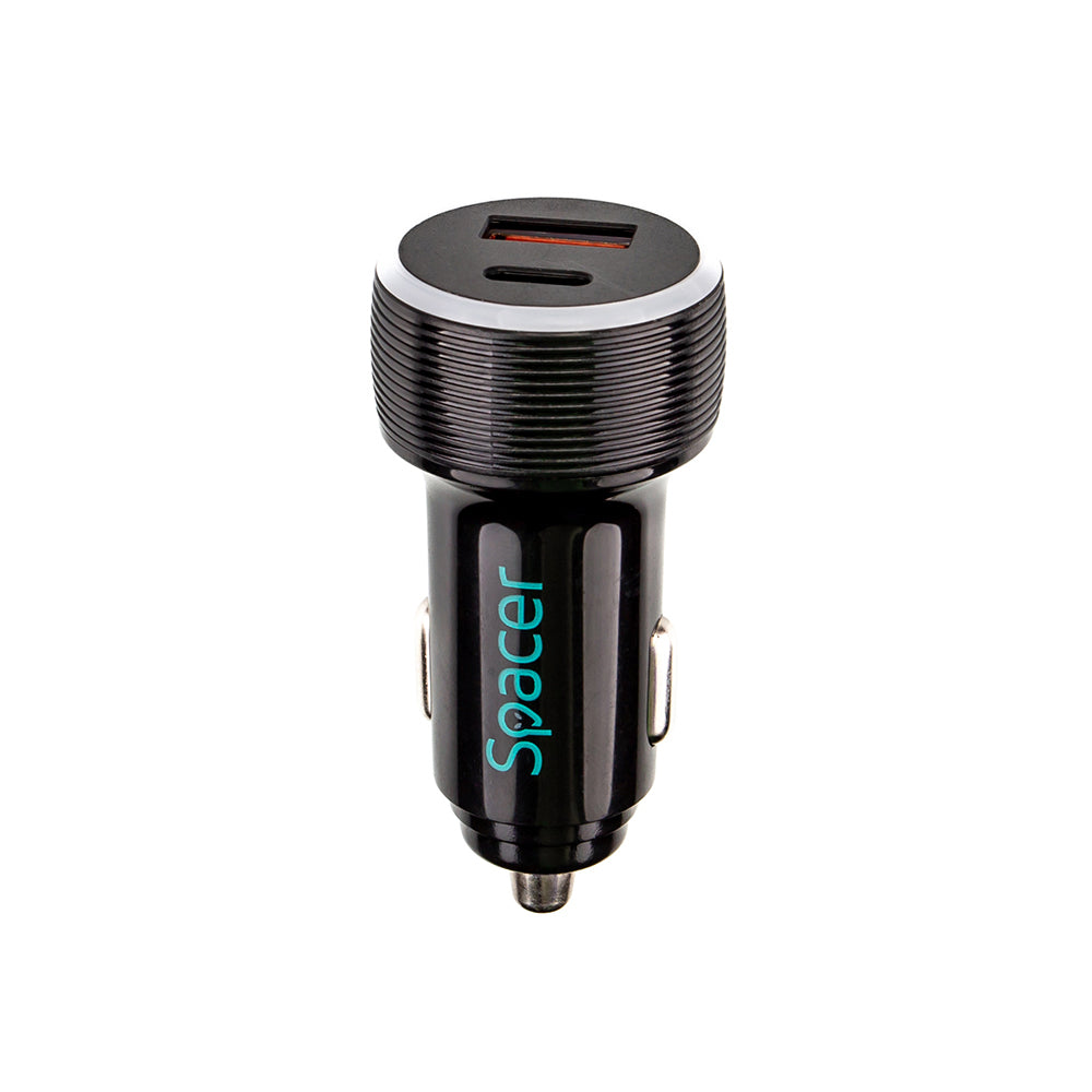 ALIMENTATOR auto SPACER Quick Charge 17W 3.1A max, putere totala 17W, LED ambiental, 1 x USB + 1 x USB Type-C, pt. bricheta auto, black, "SPCC-DUOQ-01"