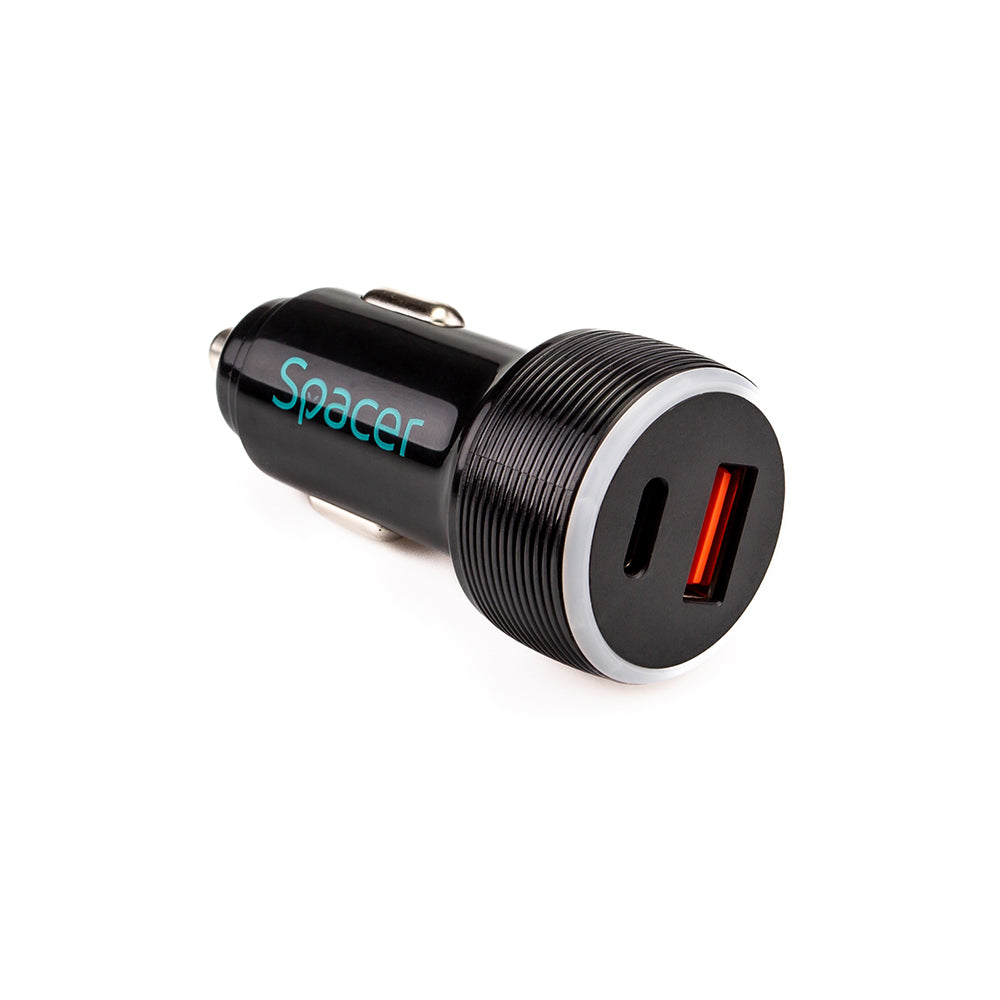 ALIMENTATOR auto SPACER Quick Charge 17W 3.1A max, putere totala 17W, LED ambiental, 1 x USB + 1 x USB Type-C, pt. bricheta auto, black, "SPCC-DUOQ-01"
