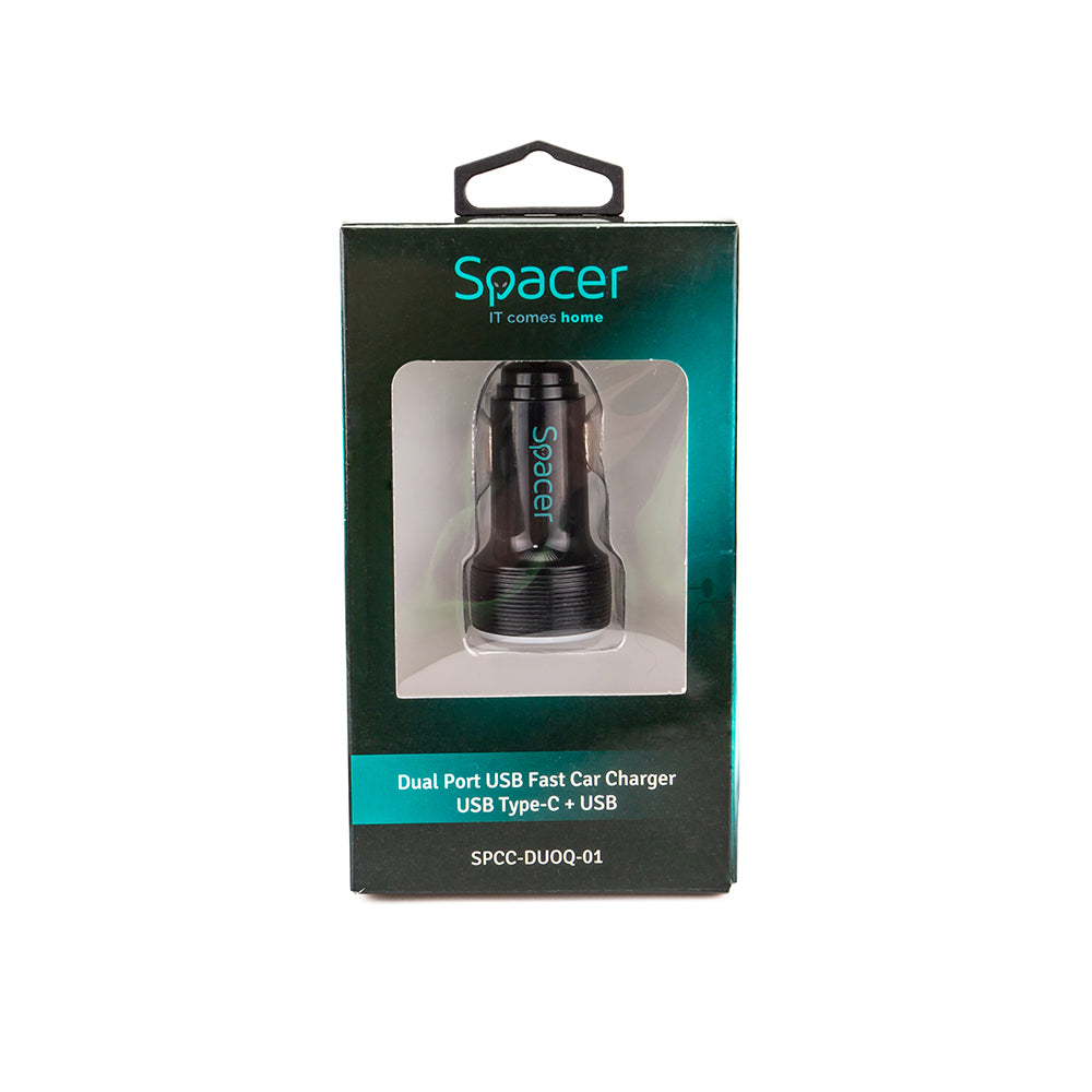 ALIMENTATOR auto SPACER Quick Charge 17W 3.1A max, putere totala 17W, LED ambiental, 1 x USB + 1 x USB Type-C, pt. bricheta auto, black, "SPCC-DUOQ-01"