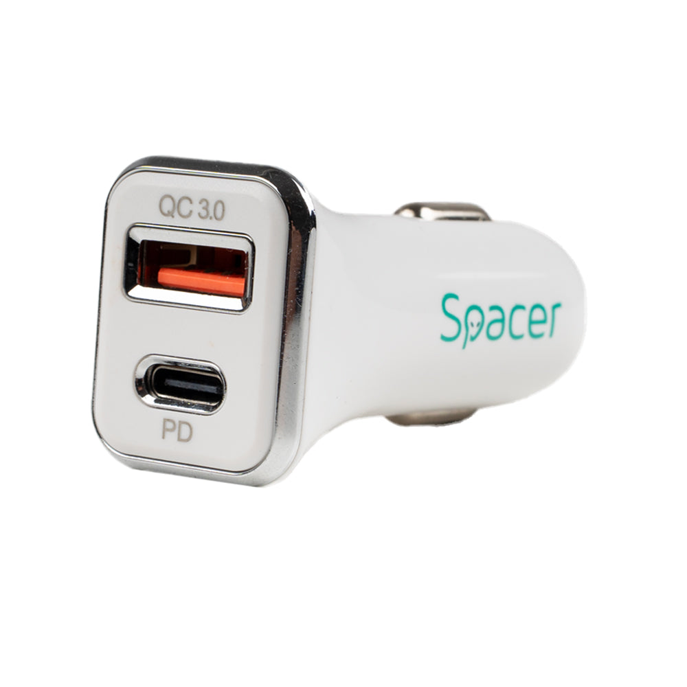 ALIMENTATOR auto SPACER QC si PD 38W total max, USB Quick Charge 18W; Power Delivery 20W, 38W total max., 1 x USB + 1 x USB Type-C, pt. bricheta auto, alb, "SPCC-DUOQ-04"