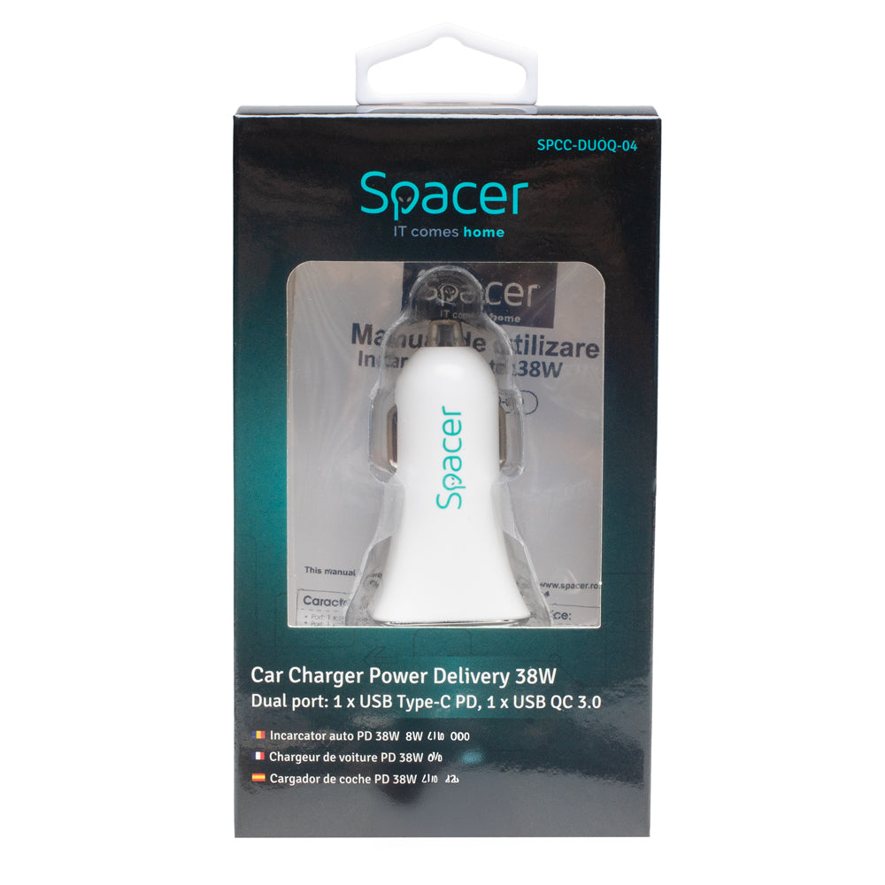 ALIMENTATOR auto SPACER QC si PD 38W total max, USB Quick Charge 18W; Power Delivery 20W, 38W total max., 1 x USB + 1 x USB Type-C, pt. bricheta auto, alb, "SPCC-DUOQ-04"