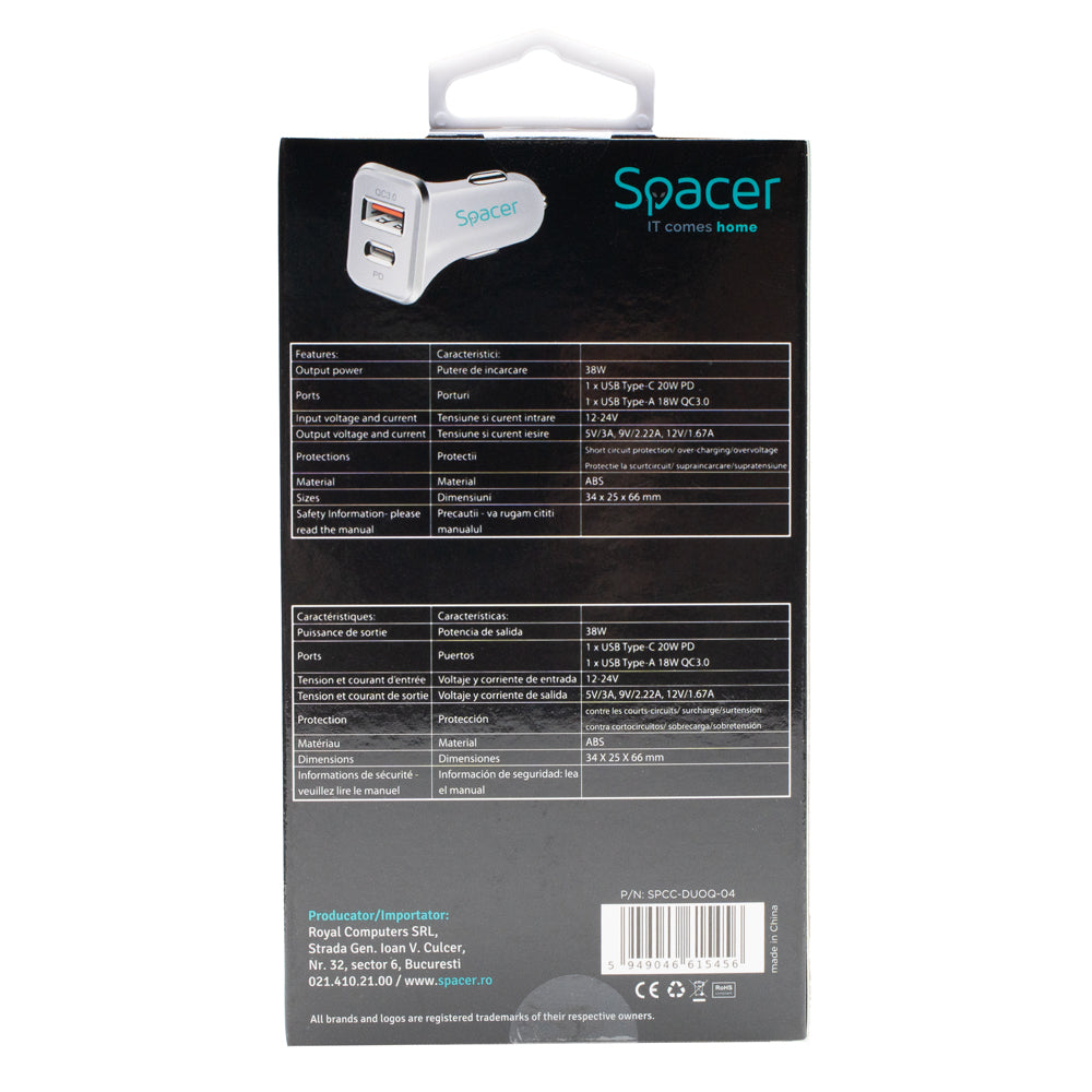 ALIMENTATOR auto SPACER QC si PD 38W total max, USB Quick Charge 18W; Power Delivery 20W, 38W total max., 1 x USB + 1 x USB Type-C, pt. bricheta auto, alb, "SPCC-DUOQ-04"