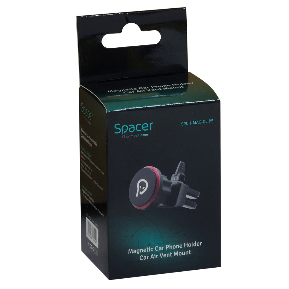 SUPORT auto magnetic SPACER pt. SmartPhone, fixare in ventilatie prin CLIPS, Magnetic, 4 SuperMagneti N50, rotire 360 grade, negru, "SPCH-MAG-CLIPS"