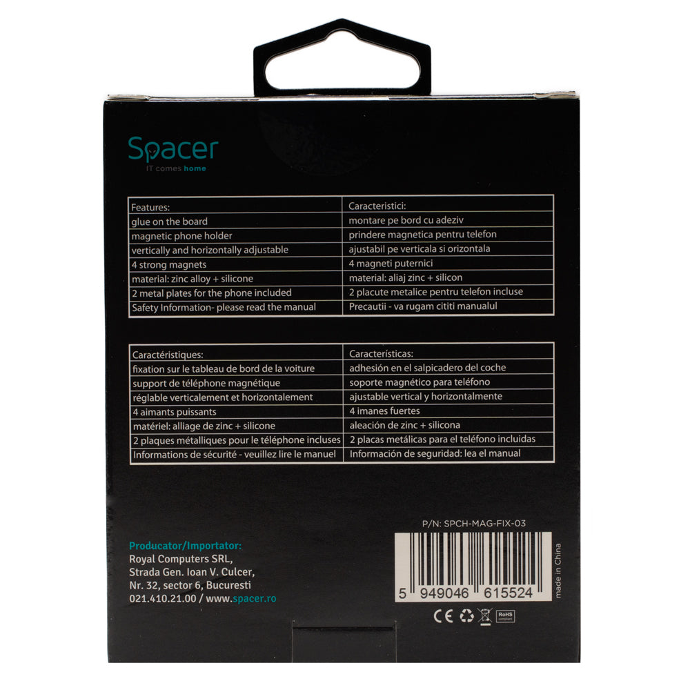 SUPORT auto magnetic SPACER pt. SmartPhone, Metalic,fixare prin adeziv, Magnetic, 4 SuperMagneti N50, rotire 360 grade, negru, "SPCH-MAG-FIX-03"