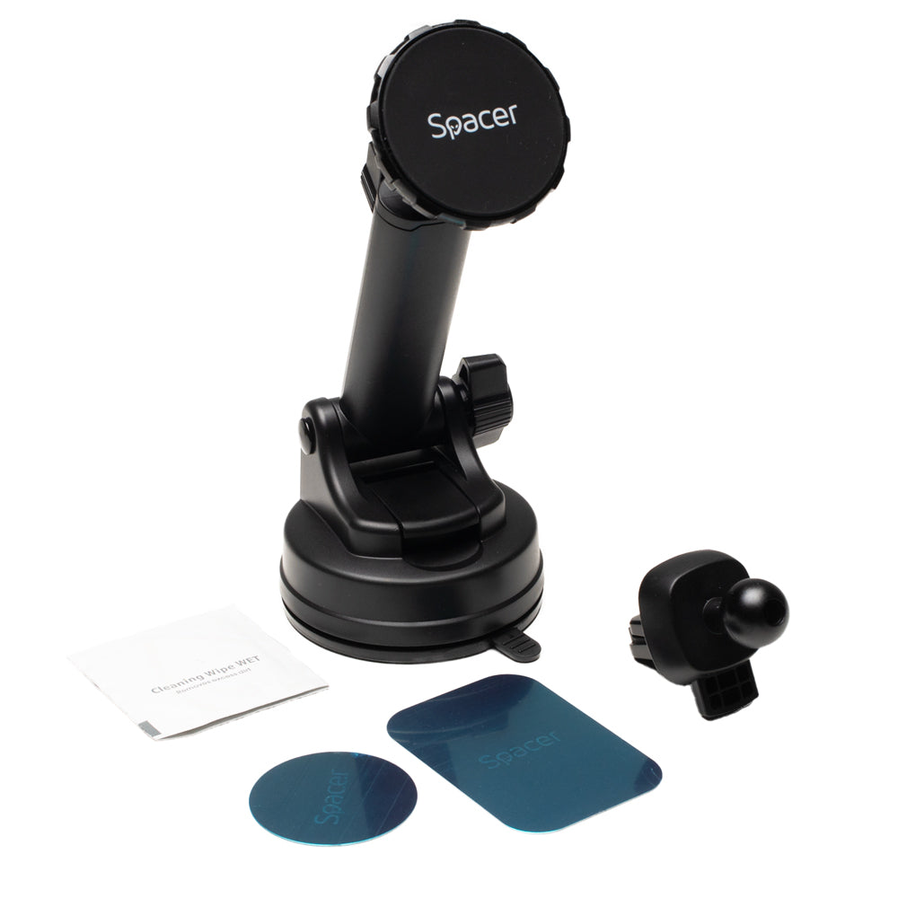 SUPORT auto magnetic SPACER pt. SmartPhone, 2in1, fixare prin Ventuza sau in Grila de ventilatie, Magnetic, 4 SuperMagneti N50, Brat Telescopic,rotire 360 grade, negru, "SPCH-MAG-VNTZ-02"