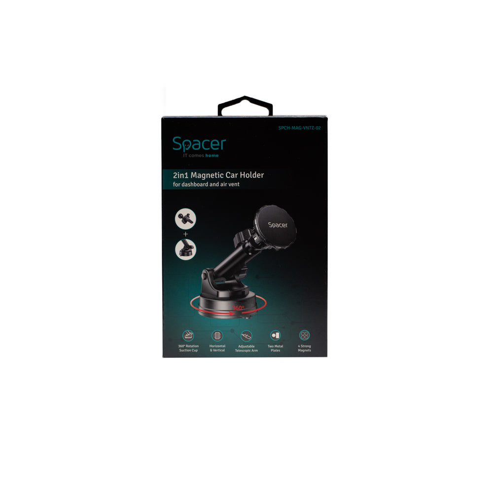 SUPORT auto magnetic SPACER pt. SmartPhone, 2in1, fixare prin Ventuza sau in Grila de ventilatie, Magnetic, 4 SuperMagneti N50, Brat Telescopic,rotire 360 grade, negru, "SPCH-MAG-VNTZ-02"