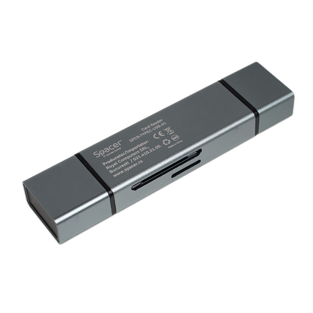 CARD READER extern SPACER, 4 in 1, interfata USB 2.0, USB Type C, citeste/scrie: SD, micro SD; extraconectori mama USB si Type-C, aluminiu, "SPCR-TYPEC-USB-01"