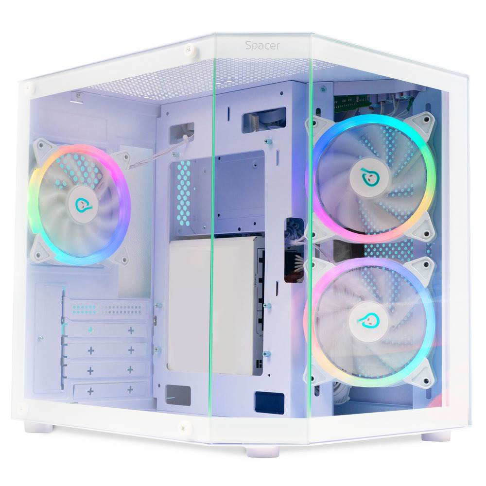 CARCASA SPACER - gaming, Mini Tower, mATX "Compact" (max 244x200 mm), "AQUARIUM", fara sursa, sticla securizata, 3xARGB fan, HUB, telecomanda, USB 3.0x1, USB Type-Cx1, HD-Audio, Jack 3.5mmx1, white "SPCS-GC-AQUARIUM-WH-3F"