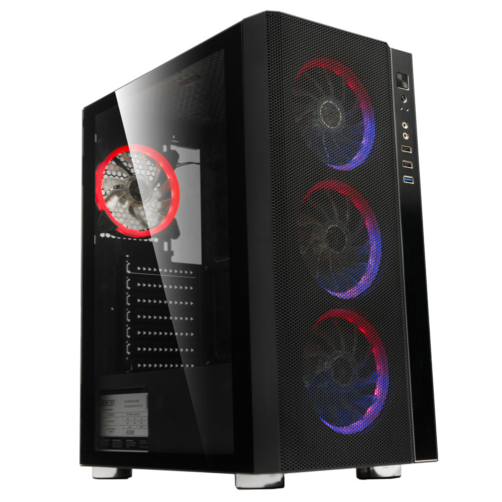 CARCASA SPACER - gaming, Middle Tower, ATX, "RAINBOW", fara sursa, sticla securizata, 4 x ARGB fan, USB 2.0 x 2, USB 3.0 x 1, HD-Audio, mesh, HUB, telecomanda, panou frontal plasa metalica+aluminiu, "SPCS-GC-RAINBOW"