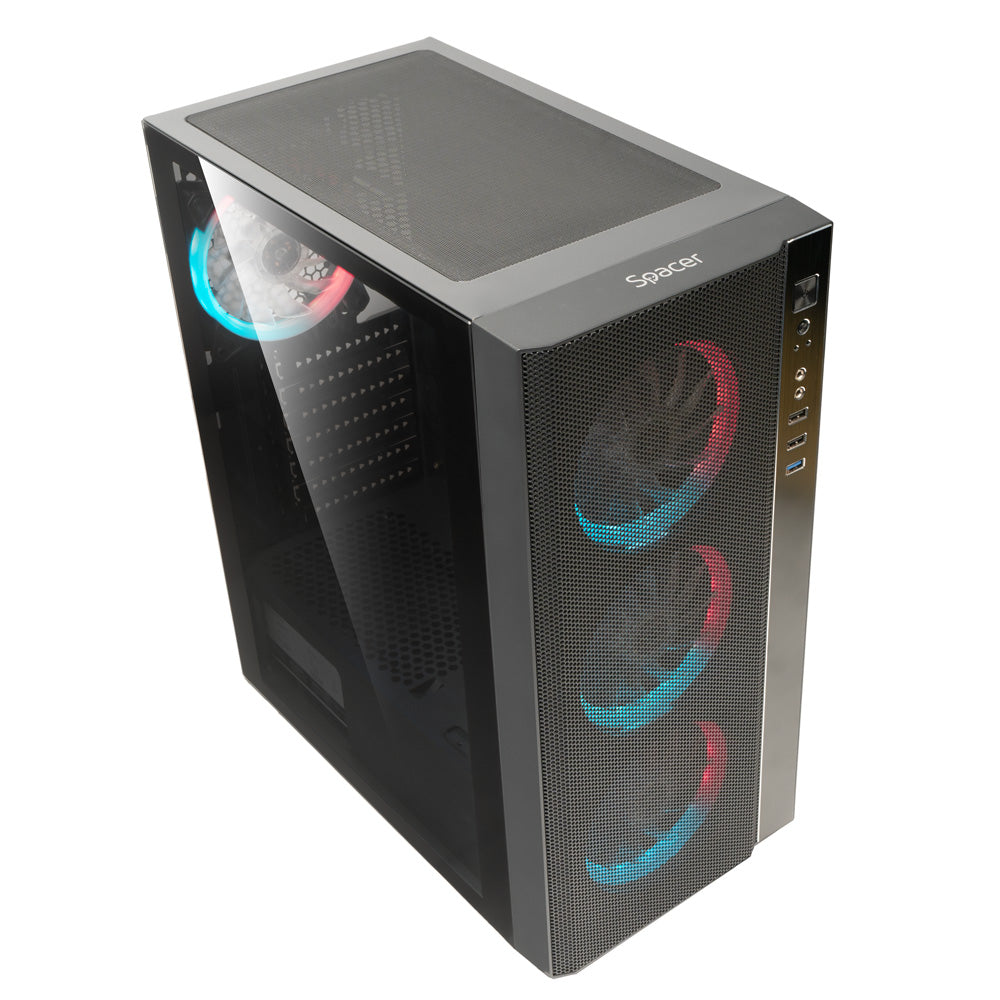 CARCASA SPACER - gaming, Middle Tower, ATX, "RAINBOW", fara sursa, sticla securizata, 4 x ARGB fan, USB 2.0 x 2, USB 3.0 x 1, HD-Audio, mesh, HUB, telecomanda, panou frontal plasa metalica+aluminiu, "SPCS-GC-RAINBOW"