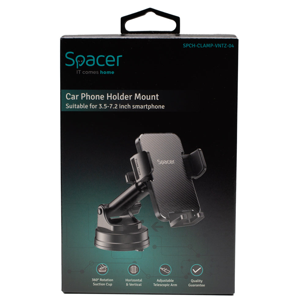 SUPORT auto SPACER pt. SmartPhone, fixare pe bord sau geam prin ventuza, brat telescopic, sistem auto-lock, rotire 360 grade, negru, "SPCH-CLAMP-VNTZ-04"