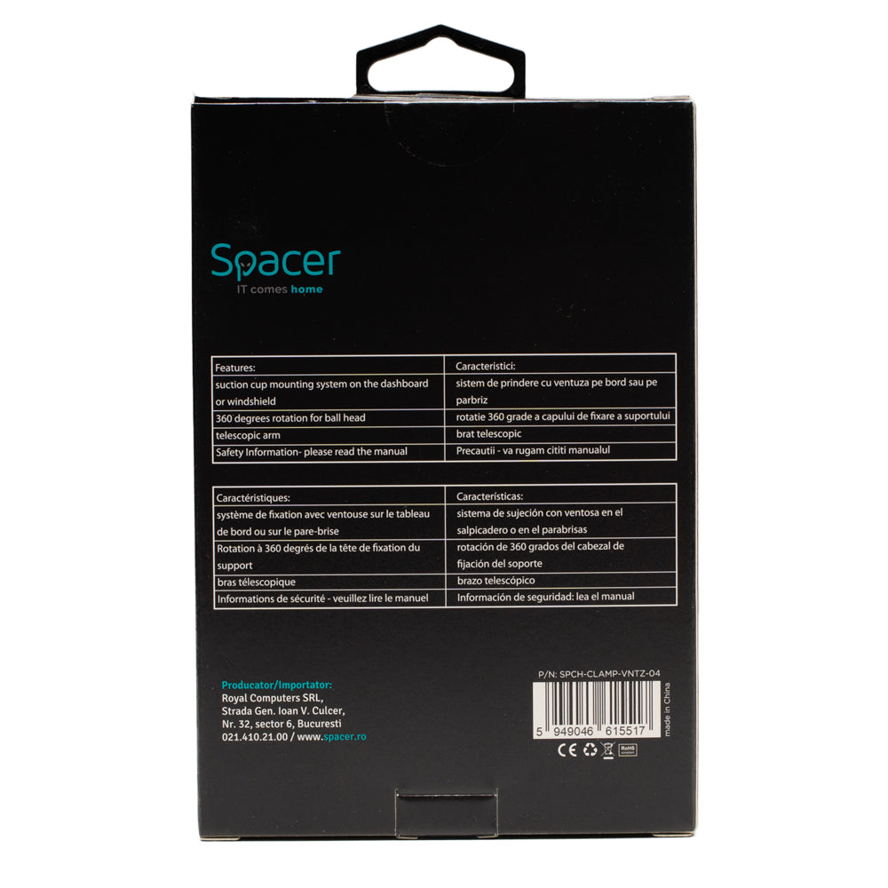 SUPORT auto SPACER pt. SmartPhone, fixare pe bord sau geam prin ventuza, brat telescopic, sistem auto-lock, rotire 360 grade, negru, "SPCH-CLAMP-VNTZ-04"