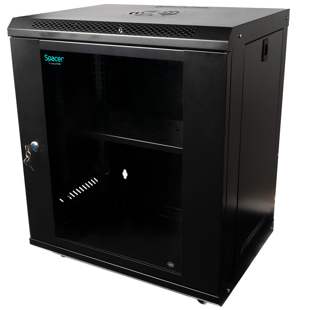 CABINET 19" SPACER 12U 500x400mm, fixare pe perete, Flatpack (dezasamblat), Black, usa sticla cu blocare, panouri detasabile, otel 1mm, sarcina maxima 25Kg, contine un raft si roti, "SPCW-12U-400-BK-02"