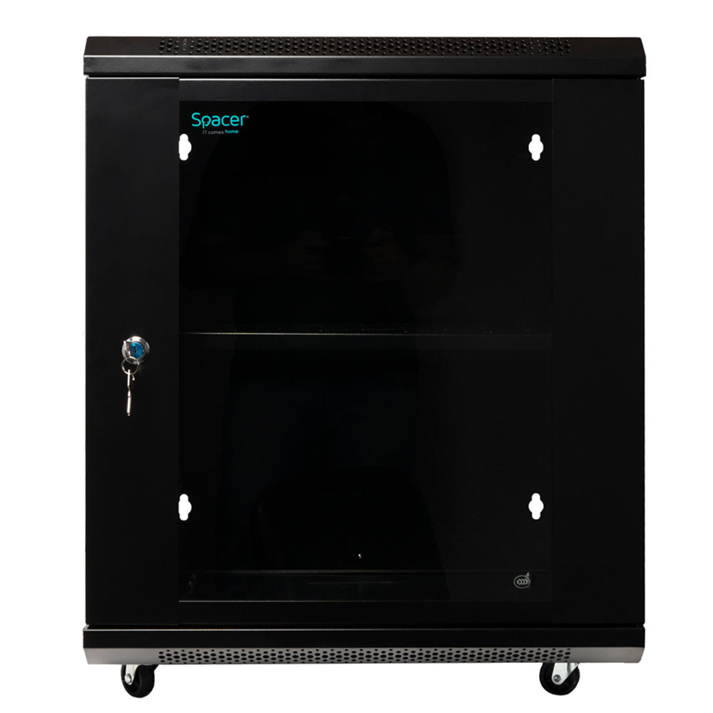 CABINET 19" SPACER 12U 500x400mm, fixare pe perete, Flatpack (dezasamblat), Black, usa sticla cu blocare, panouri detasabile, otel 1mm, sarcina maxima 25Kg, contine un raft si roti, "SPCW-12U-400-BK-02"