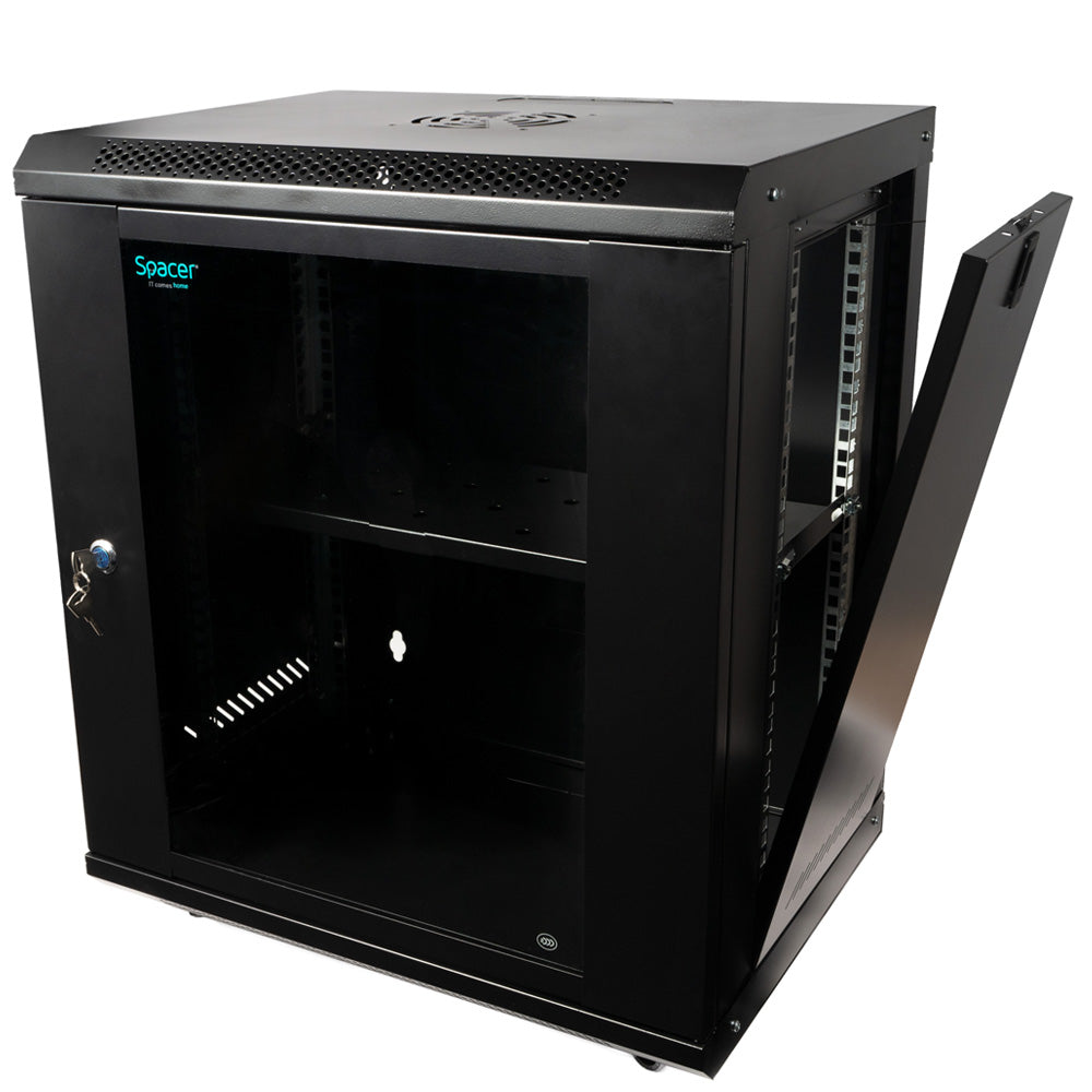 CABINET 19" SPACER 12U 500x400mm, fixare pe perete, Flatpack (dezasamblat), Black, usa sticla cu blocare, panouri detasabile, otel 1mm, sarcina maxima 25Kg, contine un raft si roti, "SPCW-12U-400-BK-02"