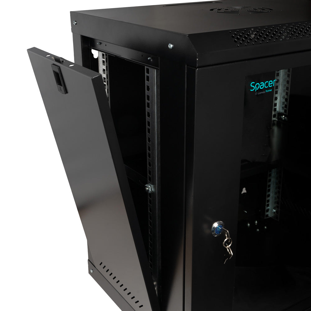 CABINET 19" SPACER 12U 500x400mm, fixare pe perete, Flatpack (dezasamblat), Black, usa sticla cu blocare, panouri detasabile, otel 1mm, sarcina maxima 25Kg, contine un raft si roti, "SPCW-12U-400-BK-02"