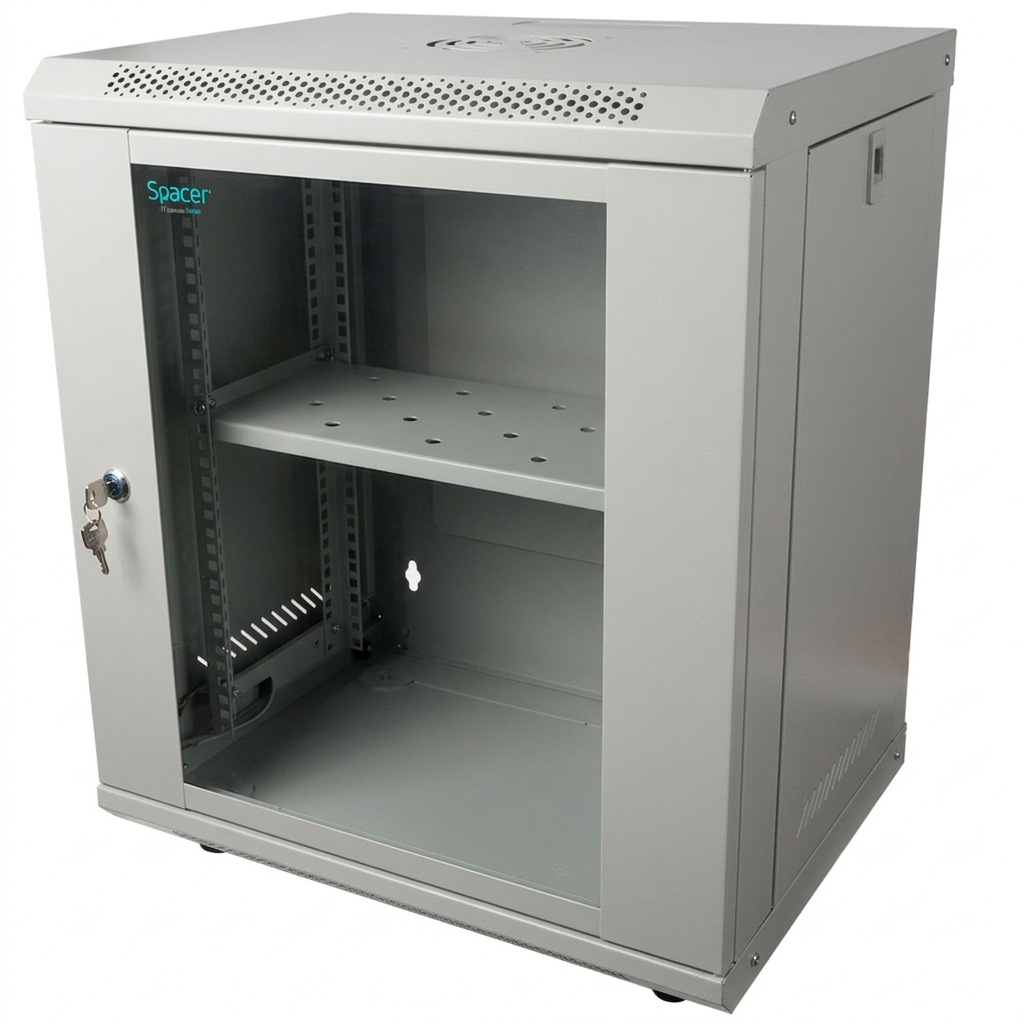 CABINET 19" SPACER 12U 500x400mm, fixare pe perete, Flatpack (dezasamblat), Grey, usa sticla cu blocare, panouri detasabile, otel 1mm, sarcina maxima 25Kg, contine un raft si roti, "SPCW-12U-400-GR-02"