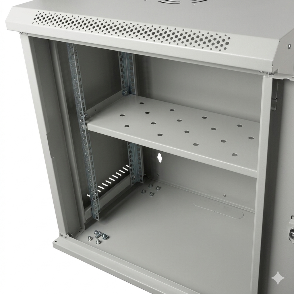 CABINET 19" SPACER 12U 500x450mm, fixare pe perete, Flatpack (dezasamblat), Grey, usa sticla cu blocare, panouri detasabile, otel 1mm, sarcina maxima 25Kg, contine un raft si roti, "SPCW-12U-450-GR-02"