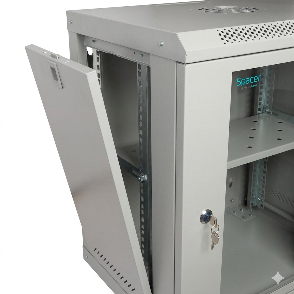 CABINET 19" SPACER 12U 500x400mm, fixare pe perete, Flatpack (dezasamblat), Grey, usa sticla cu blocare, panouri detasabile, otel 1mm, sarcina maxima 25Kg, contine un raft si roti, "SPCW-12U-400-GR-02"
