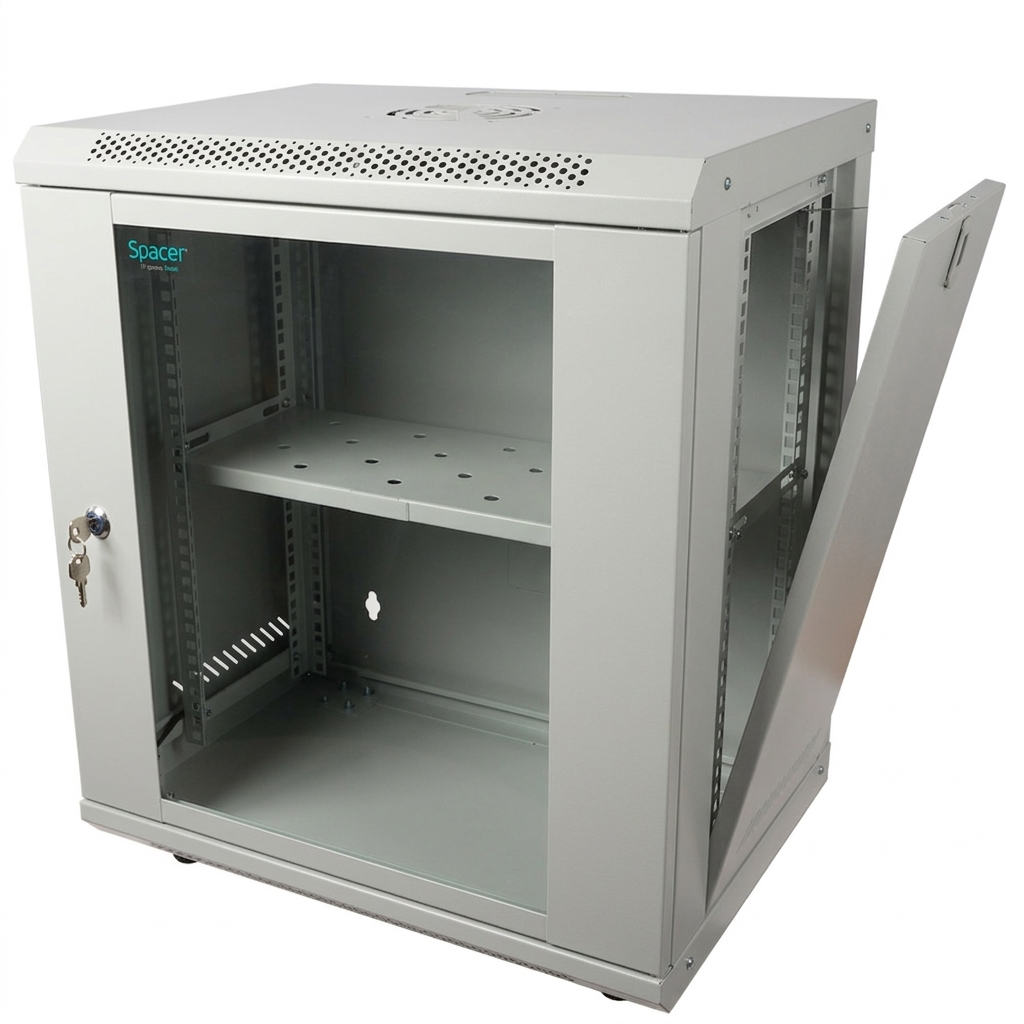 CABINET 19" SPACER 12U 500x450mm, fixare pe perete, Flatpack (dezasamblat), Grey, usa sticla cu blocare, panouri detasabile, otel 1mm, sarcina maxima 25Kg, contine un raft si roti, "SPCW-12U-450-GR-02"