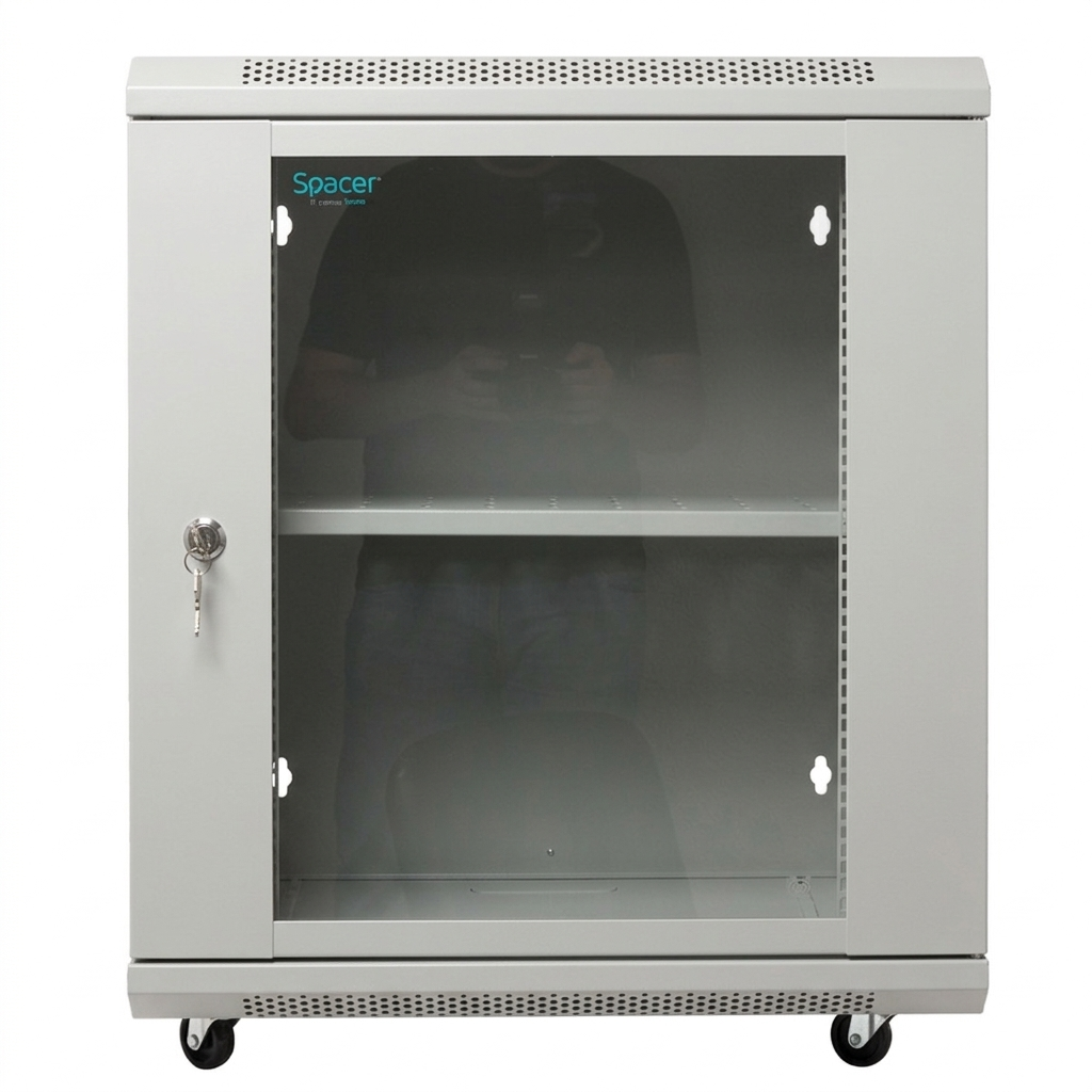 CABINET 19" SPACER 12U 500x450mm, fixare pe perete, Flatpack (dezasamblat), Grey, usa sticla cu blocare, panouri detasabile, otel 1mm, sarcina maxima 25Kg, contine un raft si roti, "SPCW-12U-450-GR-02"