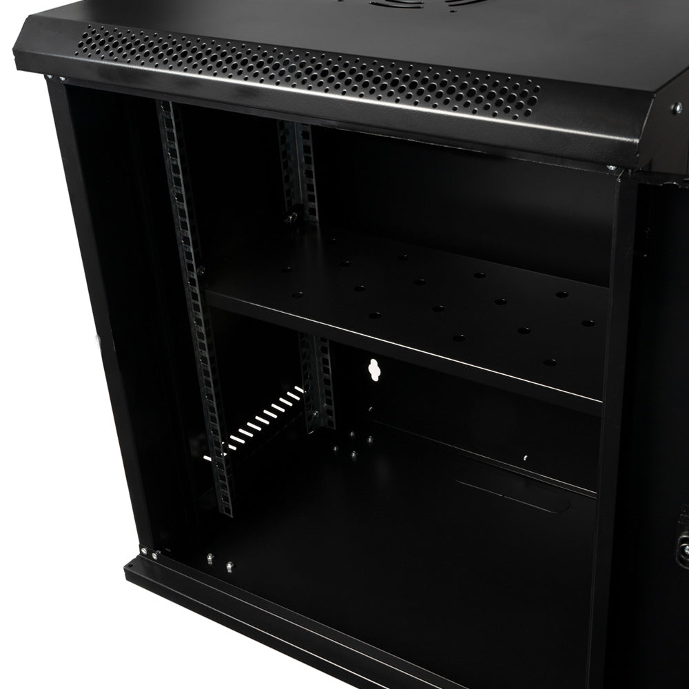 CABINET 19" SPACER 12U 500x450mm, fixare pe perete, Flatpack (dezasamblat), Black, usa sticla cu blocare, panouri detasabile, otel 1mm, sarcina maxima 25Kg, contine un raft si roti, "SPCW-12U-450-BK-02"