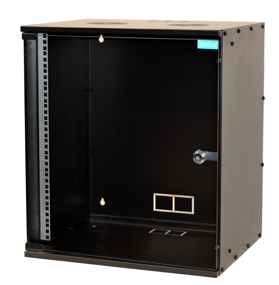 CABINET 19" SPACER 12U 515x400mm, fixare pe perete, Flatpack (dezasamblat), Black, usa sticla cu blocare, otel 1.5mm, sarcina maxima 100Kg, "SPCW-12U-BK"