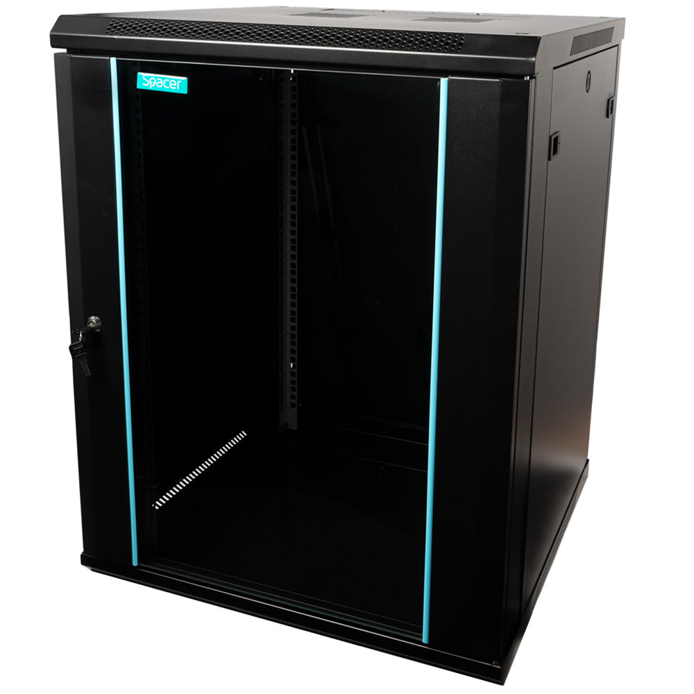 CABINET 19" SPACER 15U 600x600mm, fixare pe perete, Flatpack (dezasamblat), Black, usa sticla cu blocare, panouri detasabile, otel 1.5mm, sarcina maxima 60Kg, "SPCW-15U-600-BK-03"