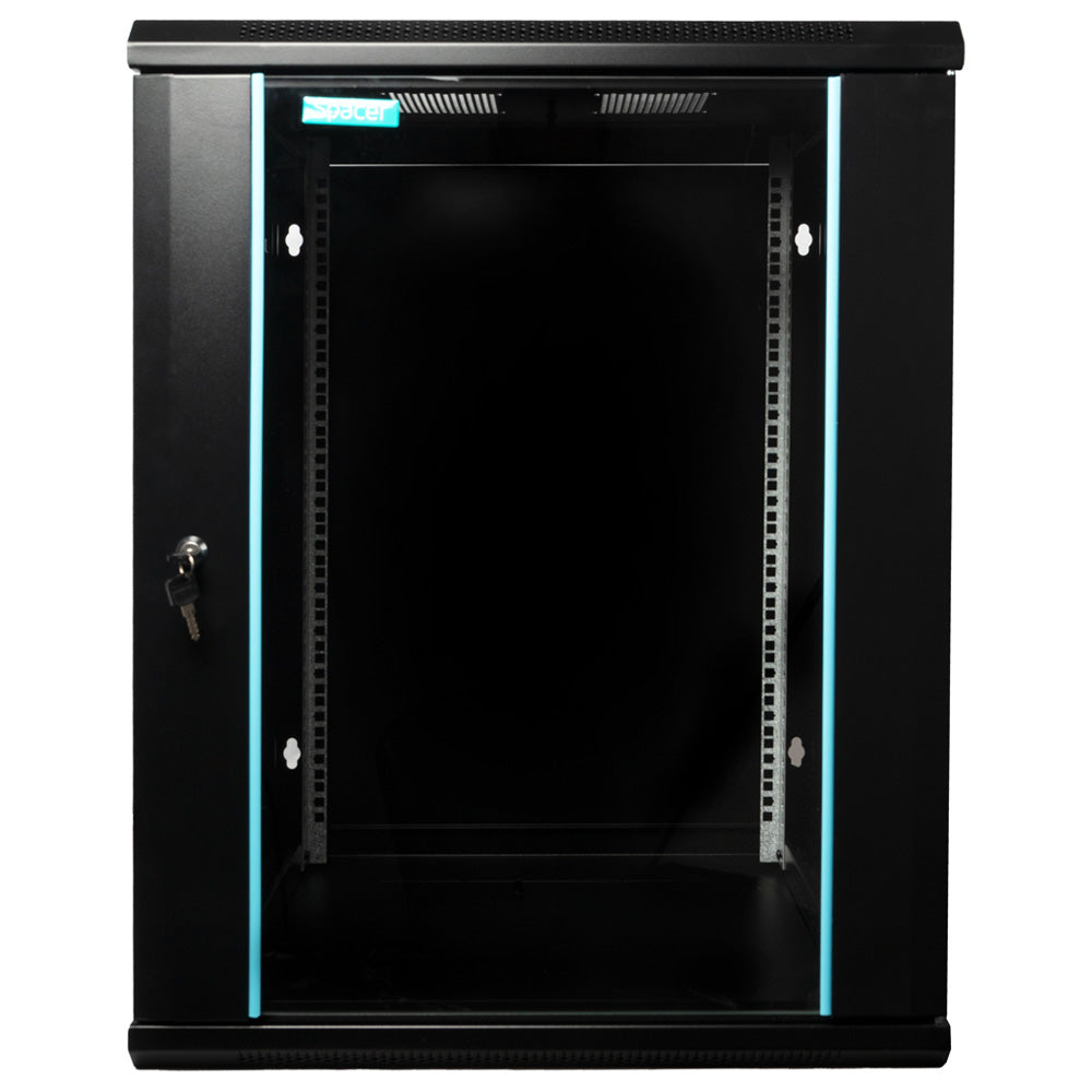 CABINET 19" SPACER 15U 600x600mm, fixare pe perete, Flatpack (dezasamblat), Black, usa sticla cu blocare, panouri detasabile, otel 1.5mm, sarcina maxima 60Kg, "SPCW-15U-600-BK-03"