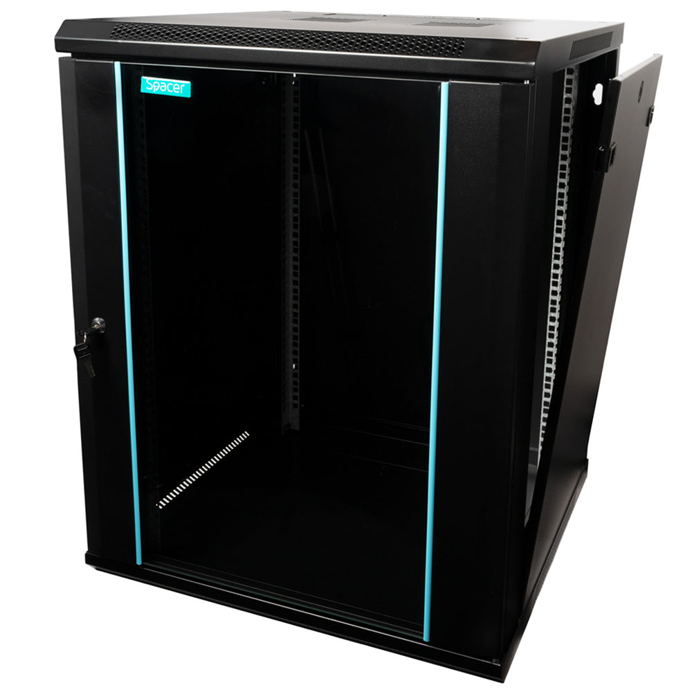 CABINET 19" SPACER 15U 600x600mm, fixare pe perete, Flatpack (dezasamblat), Black, usa sticla cu blocare, panouri detasabile, otel 1.5mm, sarcina maxima 60Kg, "SPCW-15U-600-BK-03"