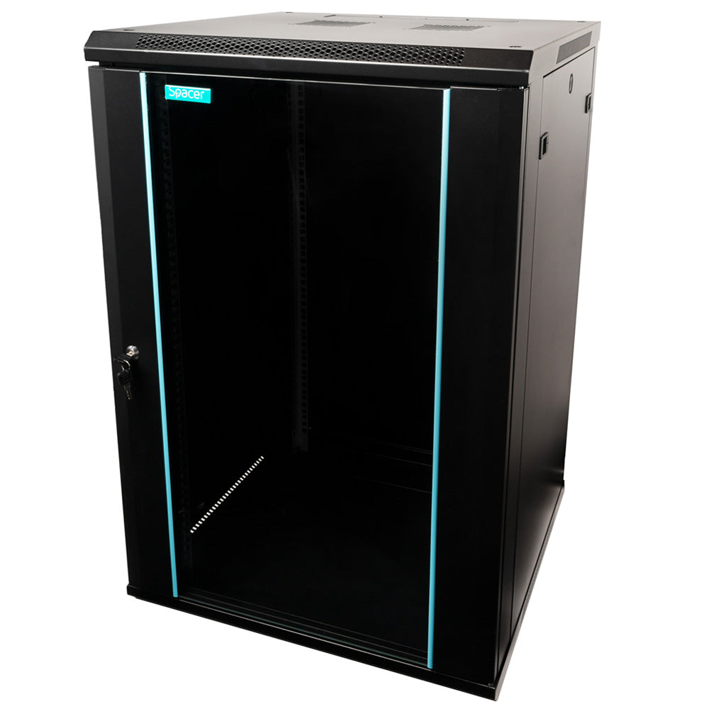 CABINET 19" SPACER 18U 600x600mm, fixare pe perete, Flatpack (dezasamblat), Black, usa sticla cu blocare, panouri detasabile, otel 1.5mm, sarcina maxima 60Kg, "SPCW-18U-600-BK-03"
