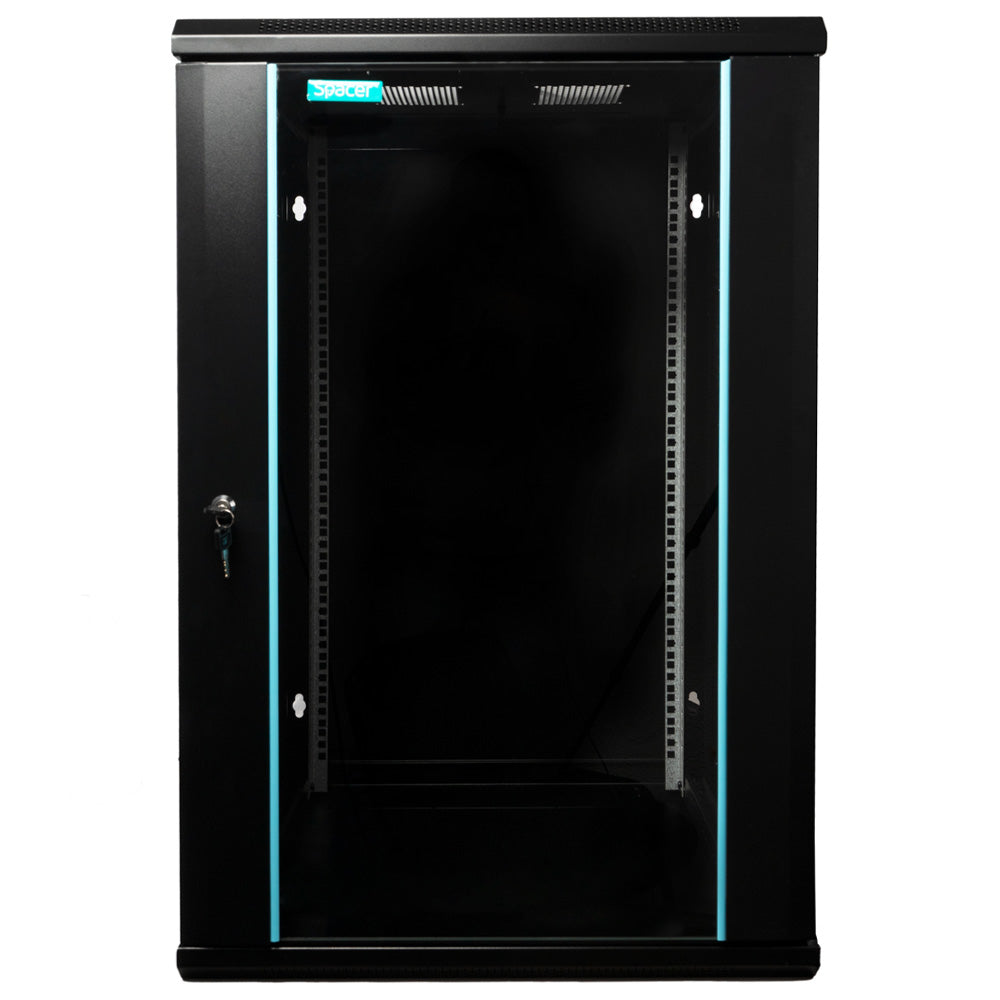 CABINET 19" SPACER 18U 600x600mm, fixare pe perete, Flatpack (dezasamblat), Black, usa sticla cu blocare, panouri detasabile, otel 1.5mm, sarcina maxima 60Kg, "SPCW-18U-600-BK-03"