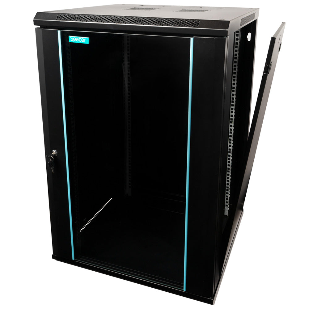CABINET 19" SPACER 18U 600x600mm, fixare pe perete, Flatpack (dezasamblat), Black, usa sticla cu blocare, panouri detasabile, otel 1.5mm, sarcina maxima 60Kg, "SPCW-18U-600-BK-03"