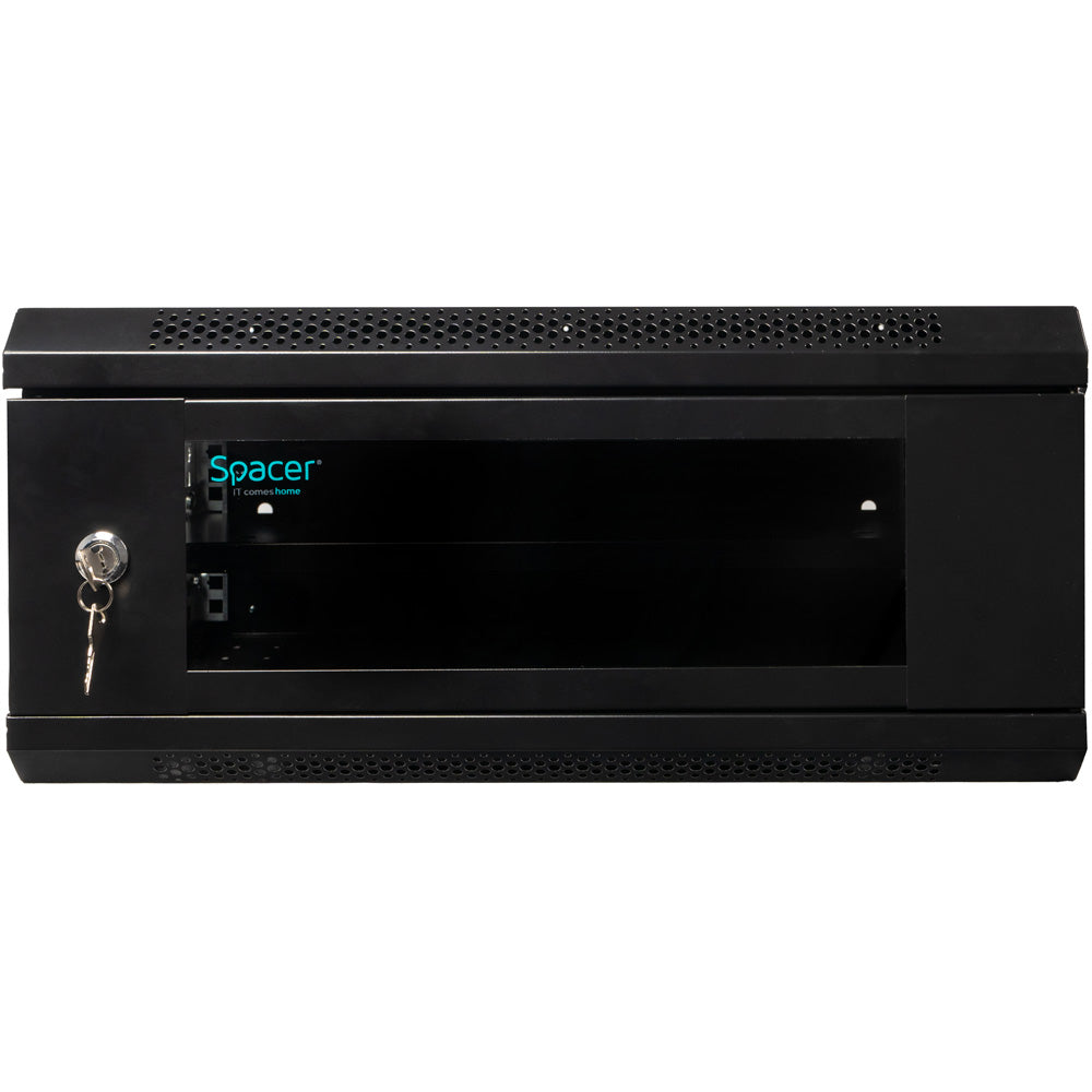 CABINET 19" SPACER 4U 500x400mm, fixare pe perete, Flatpack (dezasamblat), Black, usa sticla cu blocare, panouri detasabile, otel 1mm, sarcina maxima 25Kg, contine un raft, "SPCW-4U-400-BK-02"