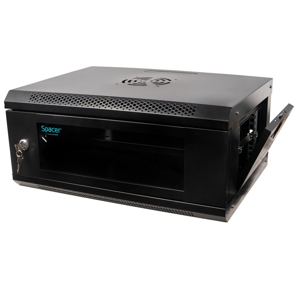 CABINET 19" SPACER 4U 500x400mm, fixare pe perete, Flatpack (dezasamblat), Black, usa sticla cu blocare, panouri detasabile, otel 1mm, sarcina maxima 25Kg, contine un raft, "SPCW-4U-400-BK-02"